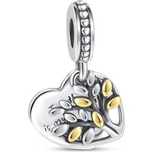 Nur Silver İki Renkli Aile Ağacı Kalp Sallantılı Gümüş Charm - NUR-CM00365