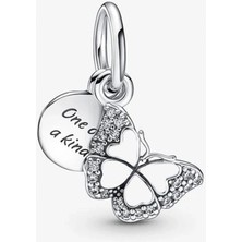 Nur Silver Kelebek ve Yazılı Çift Sallantılı Gümüş Charm - NUR-CM00371