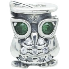 Nur Silver Yeşil Göz Detaylı Baykuş Gümüş Charm NUR-BL00044