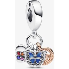 Nur Silver Iki Renkli Gökkuşağı Kalp, Kelebek ve Barış Üçlü Sarkıt Charm NUR-CM00454