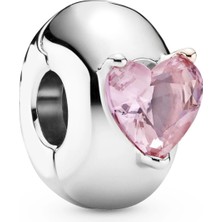 Nur Silver Pembe Renk Kalp Detaylı Klips Gümüş Charm NUR-BL10778