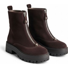 Ne&Ve Shoes Kahve Süet Hakiki Deri Gold Aklsesuarlı Önden Metal Fermuarlı Kadın Kalın Tabanlı Bot