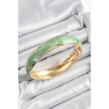 HERŞEYBURDAMODA Pirinç Yeşil Mineli Mermer Desen Model Gold Renk Kadın Kelepçe