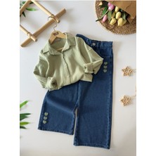 Miniğimin Cicileri Kalp Detaylı Şişme Yelekli Kız Çocuk Müslin Gömlekli 3 Lü Takım - Yeşil