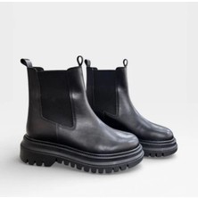 Ne&Ve Shoes Siyah Hakiki Deri Iki Yandan Lastikli Kadın Kalın Tabanlı Rahat Chelsea Bot