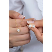 Nereze 925 Ayar Gümüş Gold Elmas Montür Tektaş Kolye ve Küpe Set