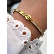 Ferro Sarı Çelik Kelepçe Kordon Kristal Taşlı Kadın Bileklik FRJW10014A-B 2 Yıl Garantili Hediye Paketli