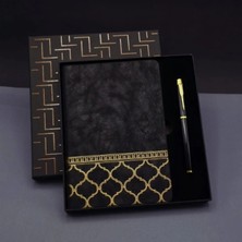 MiraLive Gold Desen Siyah Deri Defter Kalem Set