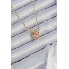 Stainles Steel 316L Çelik Zincir Altın Renk Pembe Zirkon Taşlı Fiyonklu Kalp Kolye