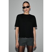 Grimelange Colena Kadın Organik Pamuklu Bisiklet Yaka Oversize Fit Kısa Kollu Siyah T-Shirt