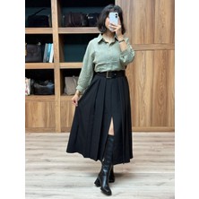 Vazıradk Ön Yırtmaçlı Kalın Kemerli Midi Boy Etek