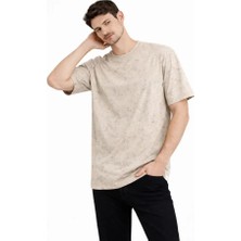 Erkek Asit Yıkama Bisiklet Yaka Kısa Kollu Oversize T-Shirt Tişört - Bej