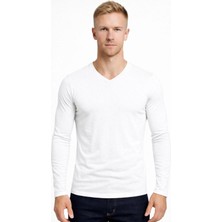 Axxel Erkek Beyaz Pamuklu Likralı Süprem Uzun Kollu T-SHIRT-D236