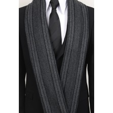 Esgue Gri Siyah Çizgili Yünlü Kaşkol - Klasik & Şık Erkek Atkı