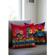 Karokstore Nakış Desen Dijital Baskılı Premium Italyan Kadife Çiçek Desenli Dijital Baskılı Kırlent Kılıfı, 2'li Set, Mor-Pembe Ilkbahar Temalı, Fermuarlı