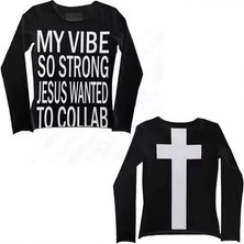 Kara Kedi Siyah My Vibe Cross Sırt  Baskılı Y2K Uzun Kollu Crop