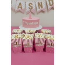 Karokstore 1 Yaş Doğum Günü Pembe Popcorn Kutusu, 8 Adet, Çizgili ve Puantiyeli Tasarım, Parti Süslemesi