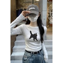 Kar Melanj Cat Bisiklet Yaka Street Y2K Uzun Kollu Crop