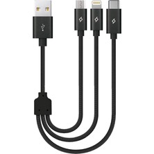 Karokstore Alumicable Mini Trio Lightning Micro USB 30CM Şarj Kablosu, Siyah