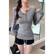 Gri Melanj Düğmeli Yarım Yaka Y2K Uzun Kollu Crop