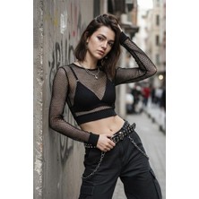 Kara Kedi Siyah Fileli Lastik Detaylı Crop Uzun Kollu