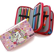 Karokstore Kalem Kutusu Temalı Kawai Organizer Kalemkutu Vegan Deri Üç Bölmeli Kalemlik- Pembe