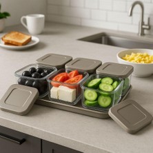 Karokstore Kapaklı Kahvaltılık Saklama Kabı Seti, 6 Bölmeli, Tepsili, 13 Parça (Krem)