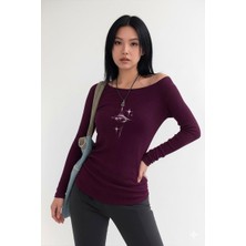 Kara Kedi Mürdüm Crystal Eye Madonna Yaka Harajuku Y2K Uzun Kollu Crop