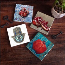 Karokstore Nar, Fatma Ana Eli  Taş Bardak Altlığı Seti - 4 Parça - Dekoratif, Rustik Mutfak Aksesuarı, 10X10 Cm, Kaydırmaz Tabanlı, Şık ve Dayanıklı SC192