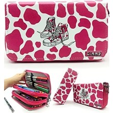 Karokstore Kalem Kutusu Inek Desenli Kawai Organizer Kalemkutu Vegan Deri Üç Bölmeli Kalemlik - Pembe