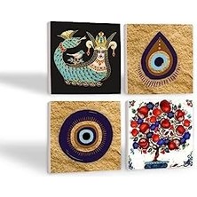 Karokstore Nazar, Şahmeran, Nar Ağacı Taş Bardak Altlığı Seti - 4 Parça - Dekoratif, Rustik Mutfak Aksesuarı, 10X10 Cm, Kaydırmaz Tabanlı, Şık ve Dayanıklı SC525