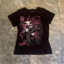 Köstebek Siyah Gothic Skulls Full Body Y2K Kısa Kollu Crop