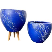 Karokstore Bitki Tasarımı Ev Dekorasyon Lacivert Üzeri Beyaz Mermer Efektli Toprak Saksı Saksılık Salon Çiçeklik Ikili Set Ayaksız - 3 Ayaklı- 15 cm