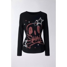 Kara Kedi Siyah Skull Stars 2k Uzun Kollu Crop