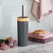 Karokstore Bambu Görünümlü Ahşap Desen Tuvalet Fırçası Seti (- Mutfak - Tuvalet - Balkon) (Antrasit, Fırça)