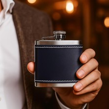 Karokstore 5 OZ-150 cc Hunili Lacivert Premium Deri Kılıf Çelik Viski Içki Konyak Matarası