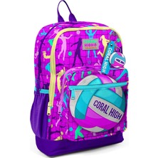 Karokstore Dört Bölmeli Pembe Mor Voleybol Desenli Ilkokul Sırt Çantası - Kız Çocuk