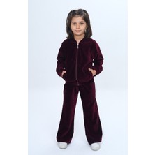 Toontoy Kız Çocuk 2'li Takım Kapüşonlu Fermuarlı Cepli Sweatshirt & Beli Lastikli Bol Paça Eşofman Altı - Kadife