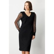 Ekol Kolları Taşlı V Yaka Midi Elbise 26KEKL04025