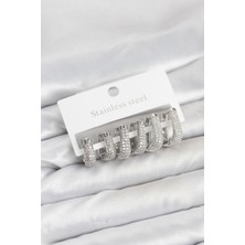 Callerrons Accessories Çelik Gümüş Renk Zirkon Taşlı Damla Halka Küpe Seti - EBJ260109W38961