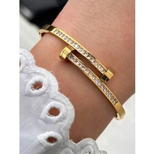 Ferro Sarı Çelik Kelepçe Kordon Kristal Taşlı Kadın Bileklik FRJW10047A-B 2 Yıl Garantili Hediye Paketli