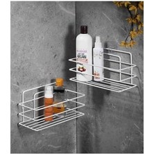 Karokstore Ömür Boyu Paslanmaz Yapışkanlı Banyo Düzenleyici Şampuanlık Duş Rafı 2 Adet Beyaz Tş-01