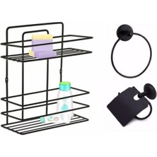 Karokstore Banyo Aksesuar Seti 3 Lü Siyah, Ömür Boyu Paslanmaz Düz Banyo Rafı Şampuanlık Siyah Tş -02