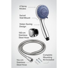Karokstore Yapı Spiralli Duş Başlığı Seti, 4 Fonksiyonlu Krom Duş Başlığı, 150 cm Duş Hortumu, Mafsallı Başlık, Vida ve Dübel Dahil, Su Tasarruflu, Duvara Monte Banyo Takımı