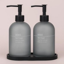 Karokstore Modern Cam Sıvı Sabunluk Seti, Mutfak ve Banyo Için, 2'li, Gri ve Siyah, Pompalı Ahşap Standlı 500ML Lüx, Mutfak ve Banyo Seti Modern Cam Sıvı Sabunluk, Doldurulabilir Losyonluk