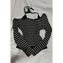 Kara Kedi Siyah Antrasit Gotik Grunge Ek Askılı Açık Omuz Uzun Kollu Crop