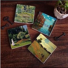 Karokstore Claude Sonbahar, Bahçedeki Kadın, Gelincikler, Gölü Taş Bardak Altlığı Seti - 4 Parça - Dekoratif, Rustik, 10X10 Cm, Kaydırmaz Tabanlı, Şık ve Dayanıklı SC535