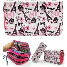 Karokstore Kalem Kutusu Eyfel Paris Desenli Kawai Organizer Kalemkutu Vegan Deri Üç Bölmeli Kalemlik