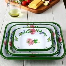 Karokstore Kare Sunum Tabğı 3'lü Set (600ML + 950ML + 1500ML) (Beyaz - Yeşil Yasemın Motifli)