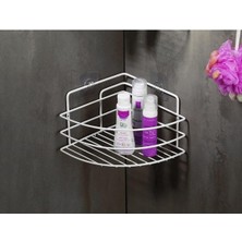 Karokstore Ömür Boyu Paslanmaz Yapışkanlı Banyo Köşeliği Düzenleyici Şampuanlık Duş Rafı Beyaz Tk-01